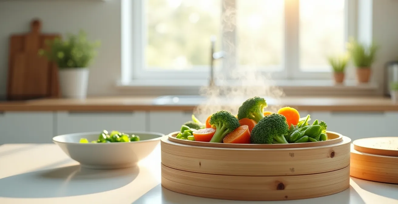 Fresh vegetables being gently steamed with visible steam rising