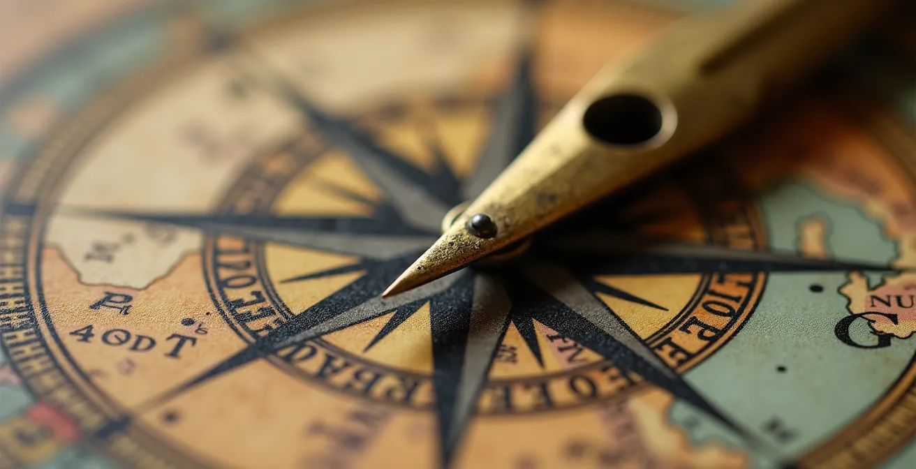 Extreme close-up of vintage compass needle shifting direction on detailed map surface