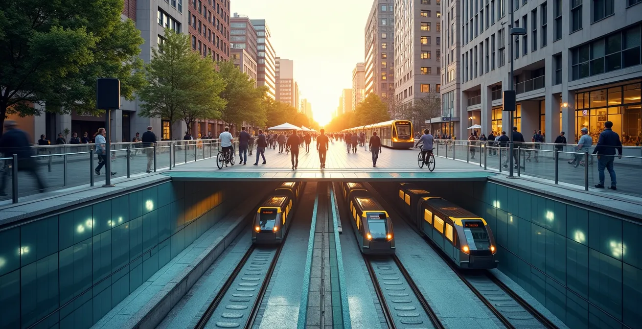 Cross-sectional view comparing underground metro and street-level light rail integration in urban fabric