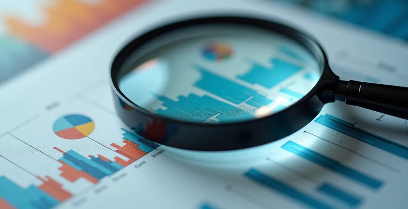 Magnifying glass examining abstract data patterns on surface
