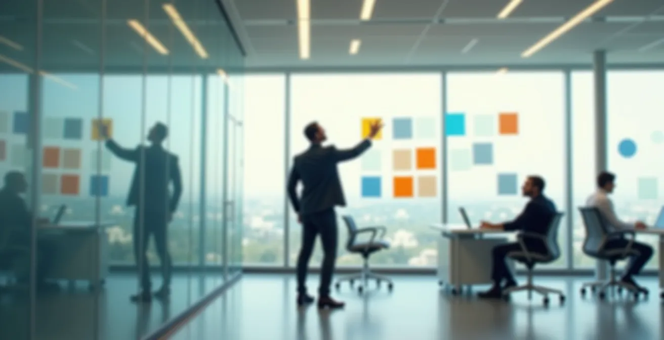 Business professional analyzing task priority matrix on glass board