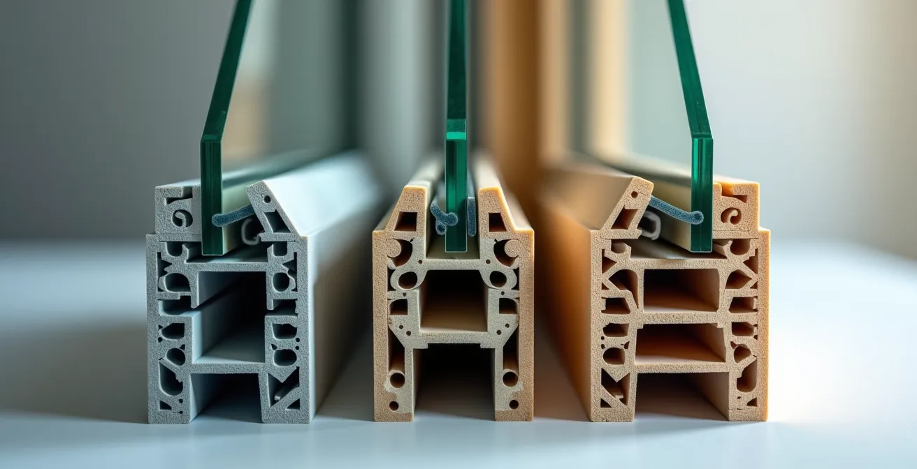 Close-up comparison of window frame materials showing structural differences