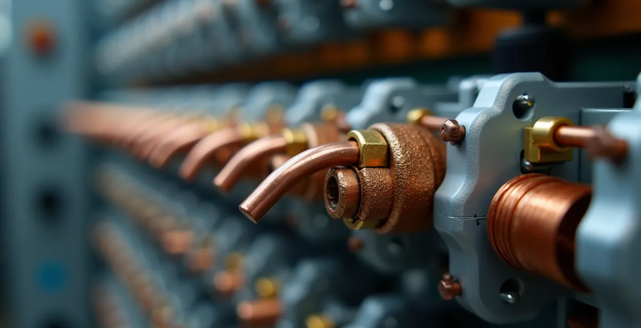 Close-up macro view of industrial electrical components showing power distribution for critical loads