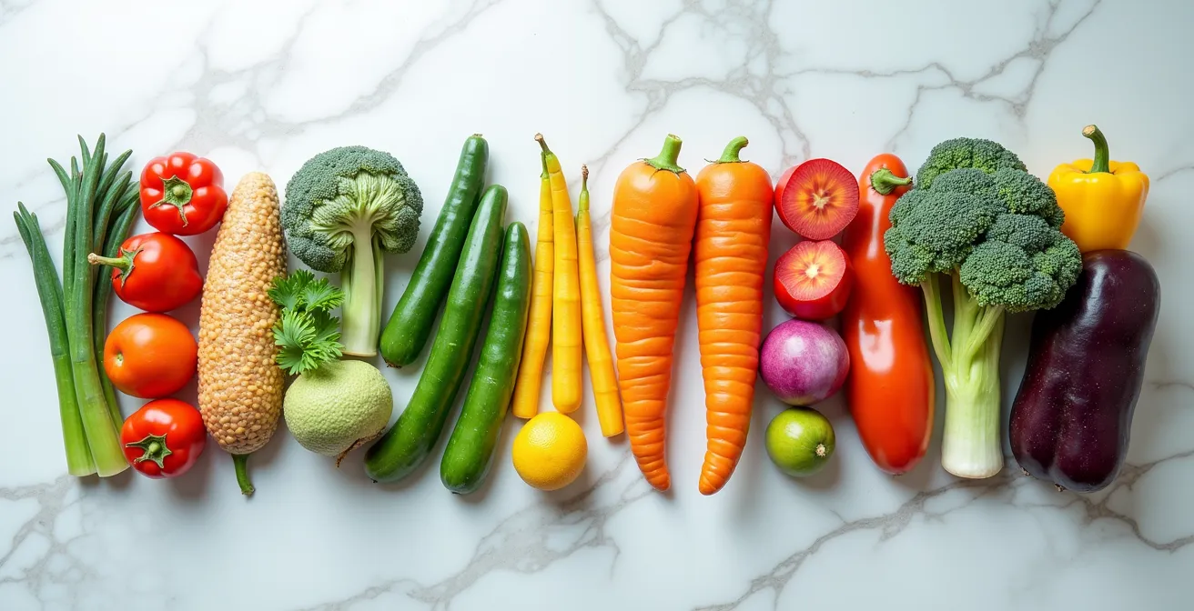 Strategic weekly shopping layout showing gradual ingredient diversification from a few items to many across seven days.