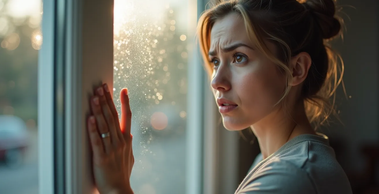 Homeowner examining window with visible condensation between glass panes