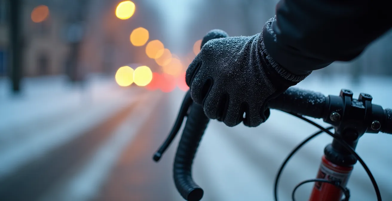 Cyclist wearing winter safety gear riding on a salt-treated urban bike lane